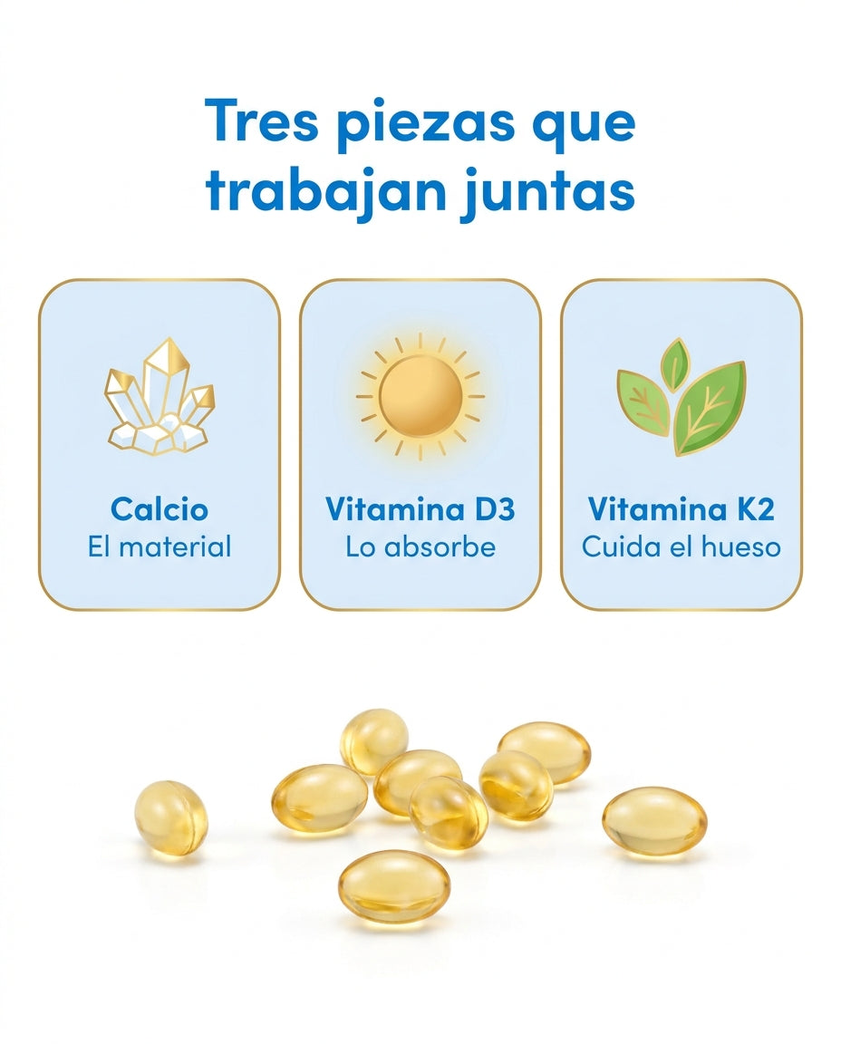 Calcio, vitamina D3 y vitamina K2 trabajan juntas